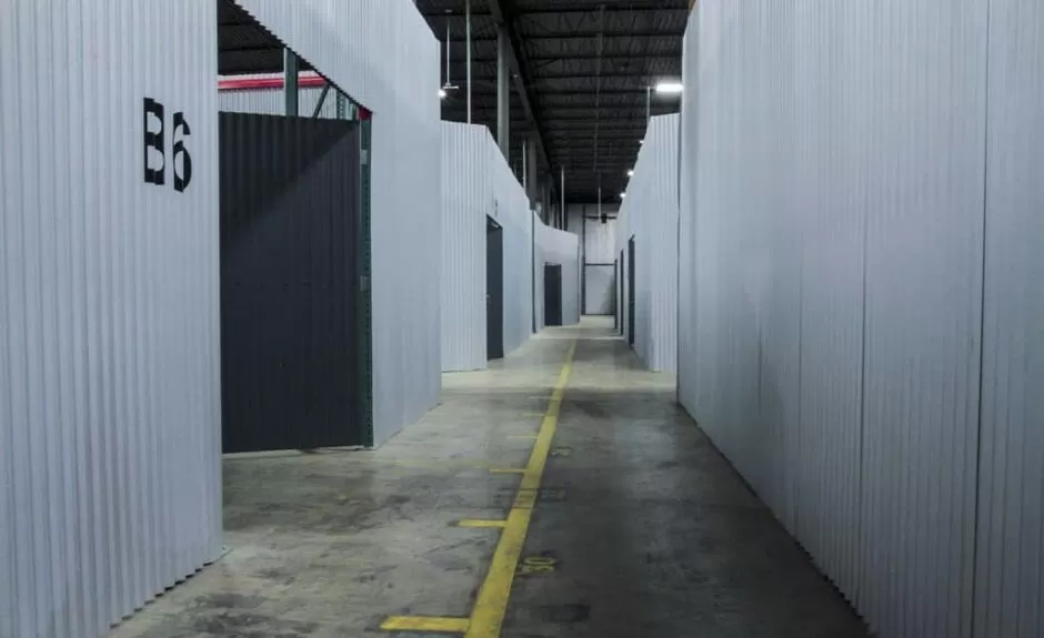 A long hallway in a storage facility.