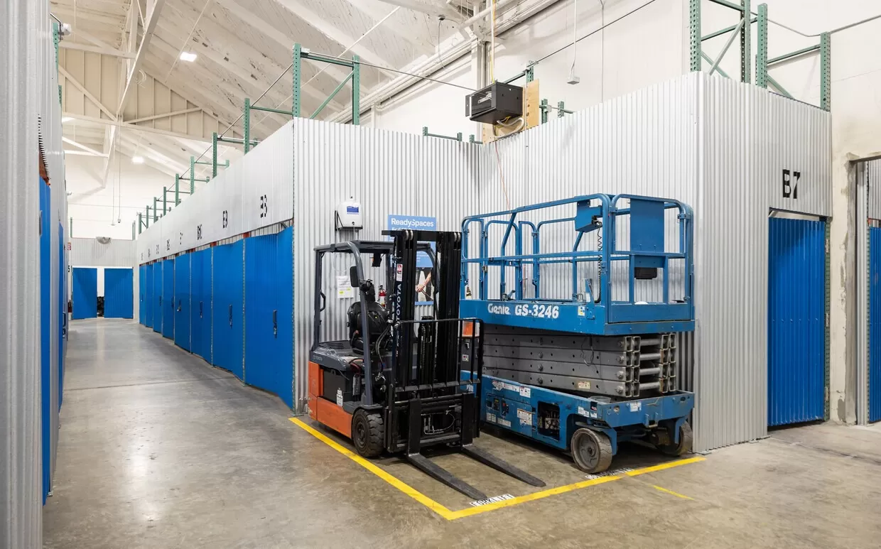 A forklift in a storage facility.